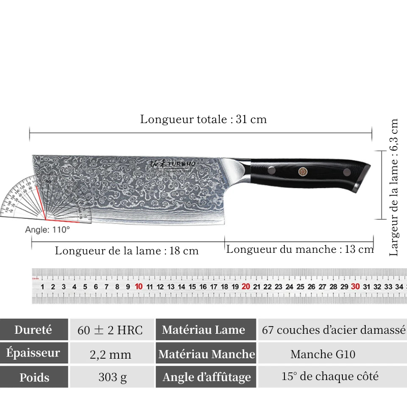 Couteau Nakiri en acier Damassé 18 cm - Raijin (雷神)
