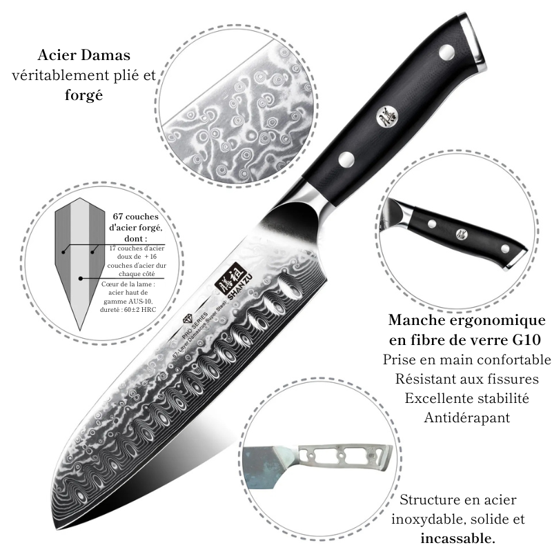 Couteau Santoku en Acier Damassé 18 cm - Fuji (富士)