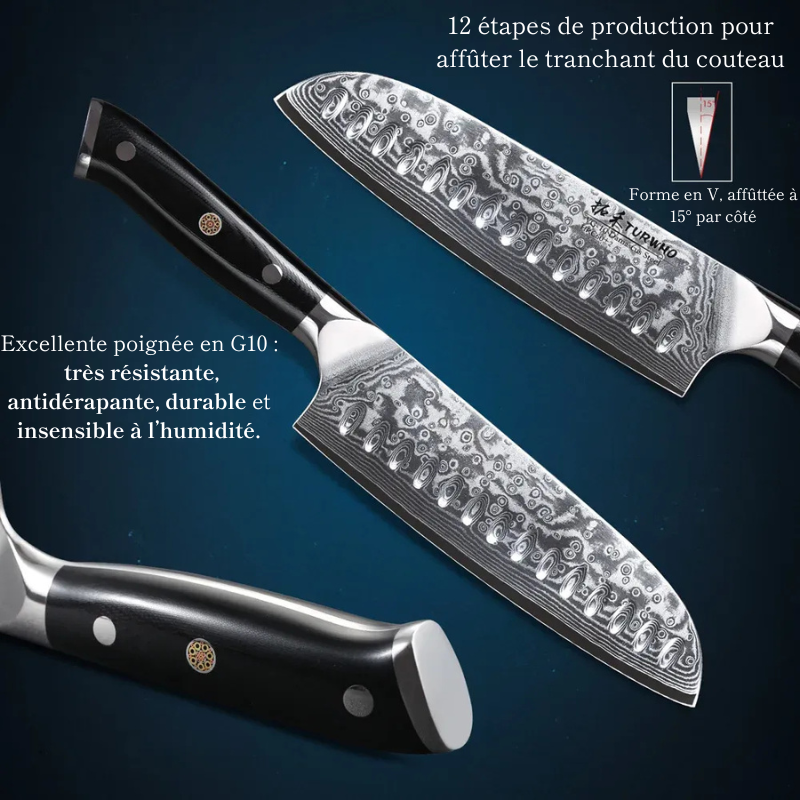 Couteau Santoku en Acier Damassé 18 cm - Kawa (河)