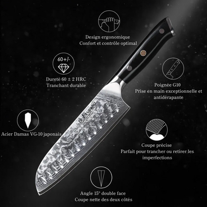 Couteau Santoku en Acier Damassé 18 cm - Kawa (河)